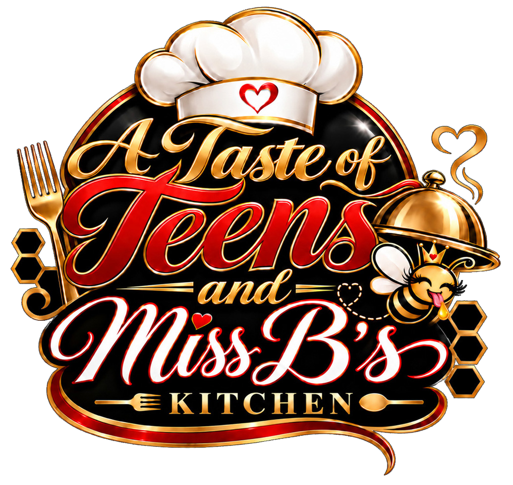 A Taste of Teens and Miss B's Kitchen logo featuring a chef hat, honeybee, and gold and red lettering